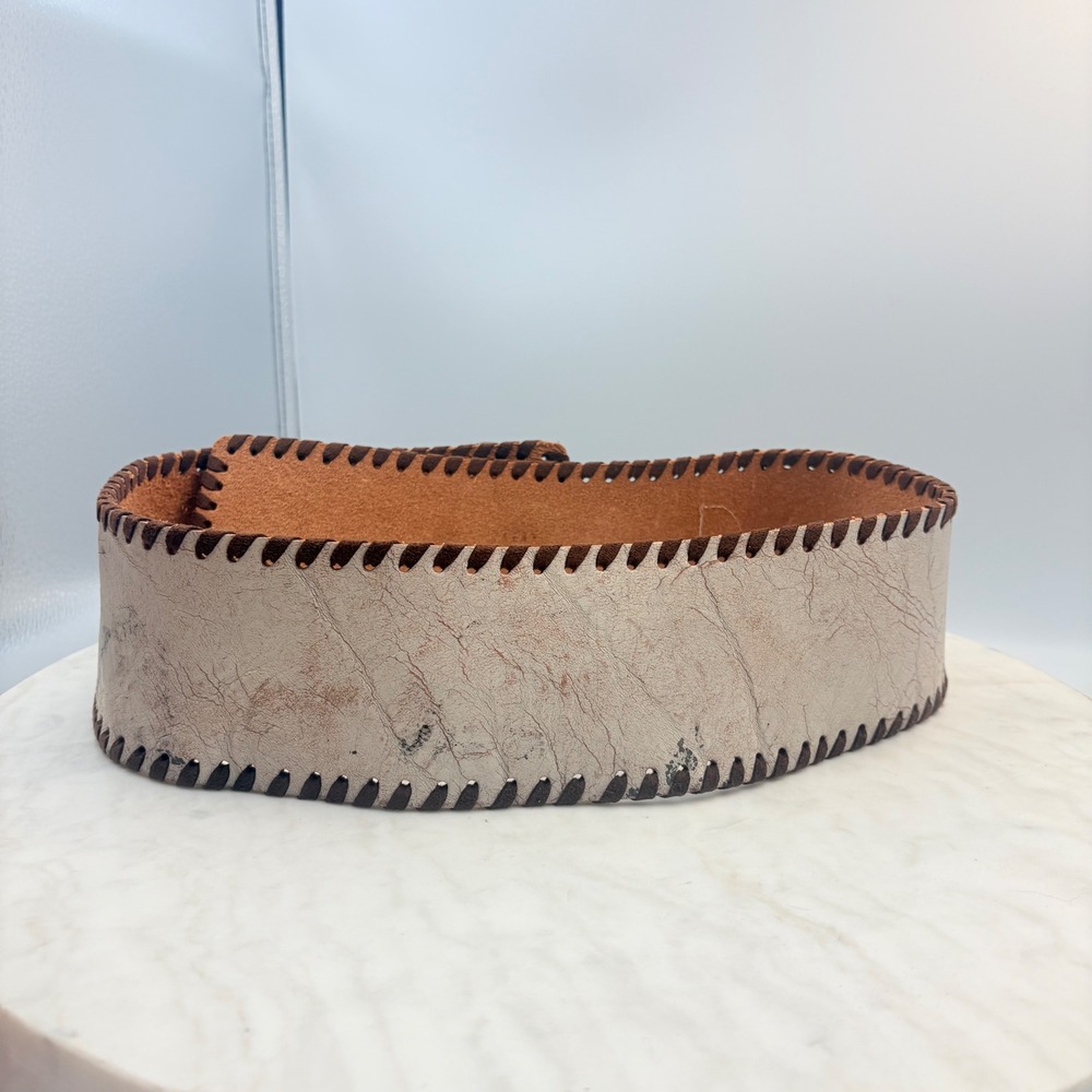 VTG Streets Ahead Wester Wide Waist Belt Women S Cream Leather Whipstitch Stones - Picture 3 of 7